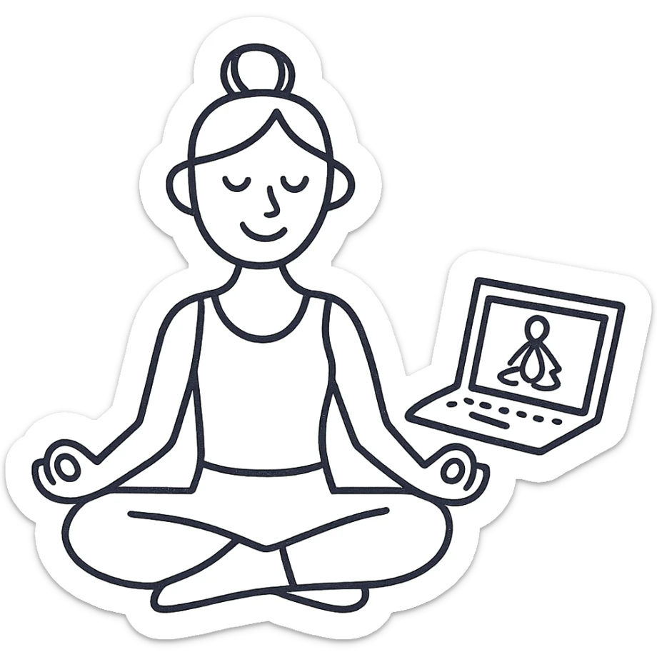 hand-drawn outlined icon of a yoga teacher with a laptop sticker