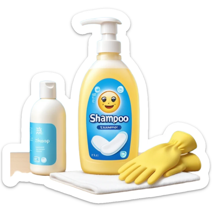 emoji of big (1L) bottle of shampoo, disposable gloves and cotton pads (for makeup) are standing on a table, products look like its always running out, add brand labels to them, make quantity bigger , and i want to see more disposable products, without faces sticker