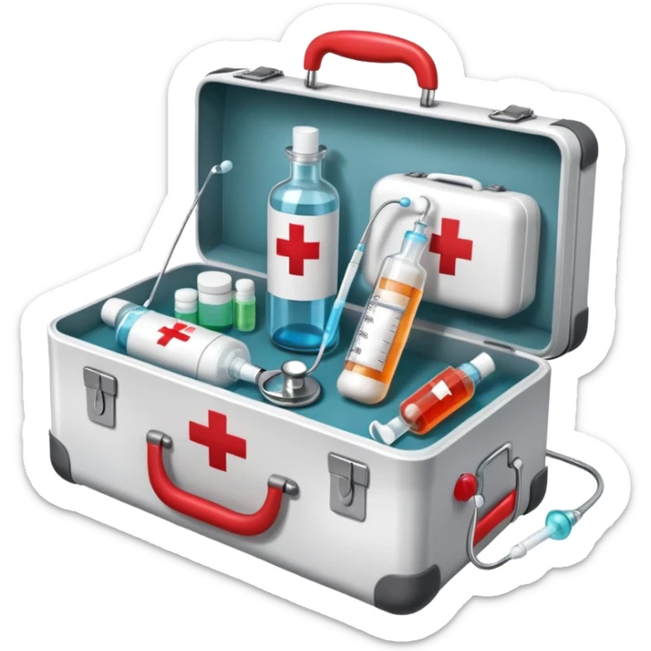 An icon featuring a medical suitcase with a red cross, a bottle of pills, a stethoscope, and a syringe, symbolizing medicine. The design includes a thermometer, bandages, representing healthcare and medical treatment. Transparent background highlights the science of healing. sticker