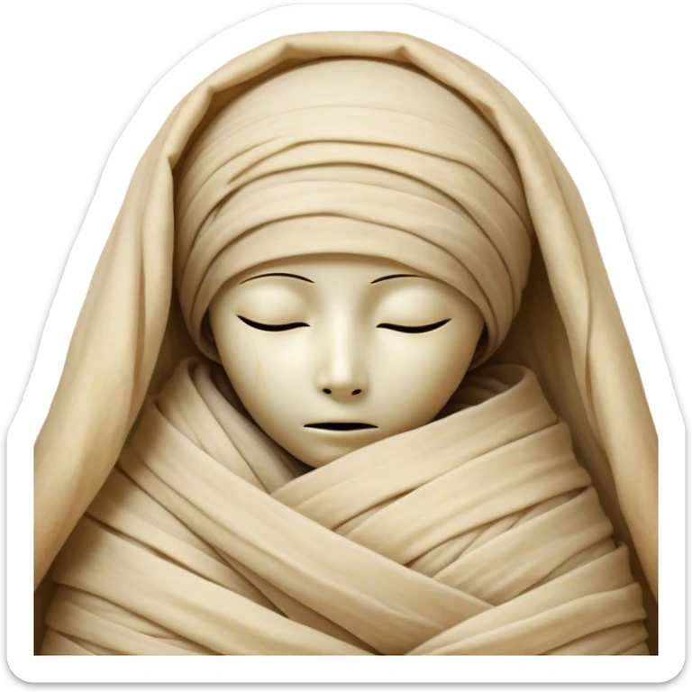 A snug, cozily wrapped mummy, fully encased in soft, slightly loose bandages, even its face gently hidden behind folds with only a tiny glimpse of sleepy eyes, nestled in warm, faded tones with gentle golden accents, simplified yet irresistibly charming, highly detailed with a soft glowing outline capturing the peaceful aura of an ancient being drifting into rest! sticker