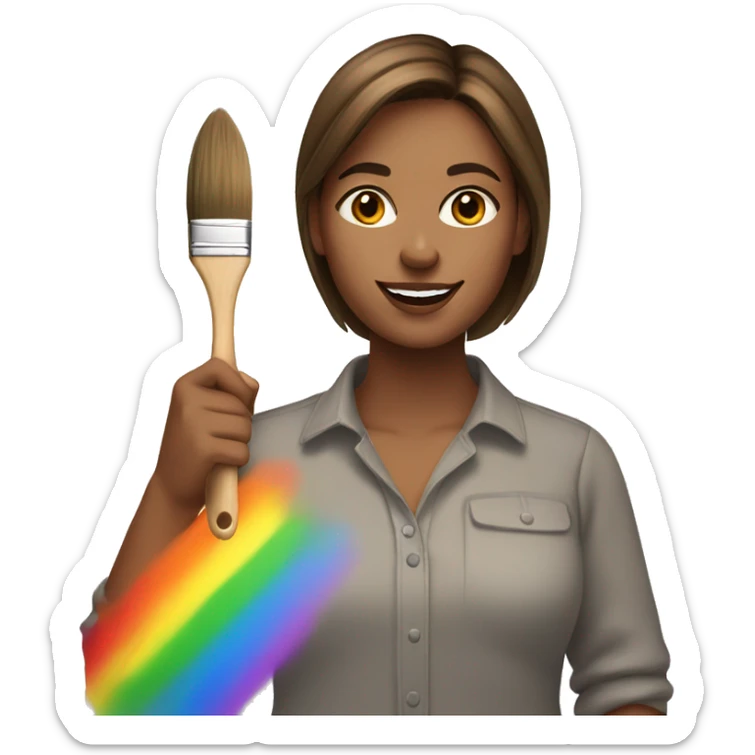 Brown hair woman with a rainbow shirt holding a paintbrush sticker