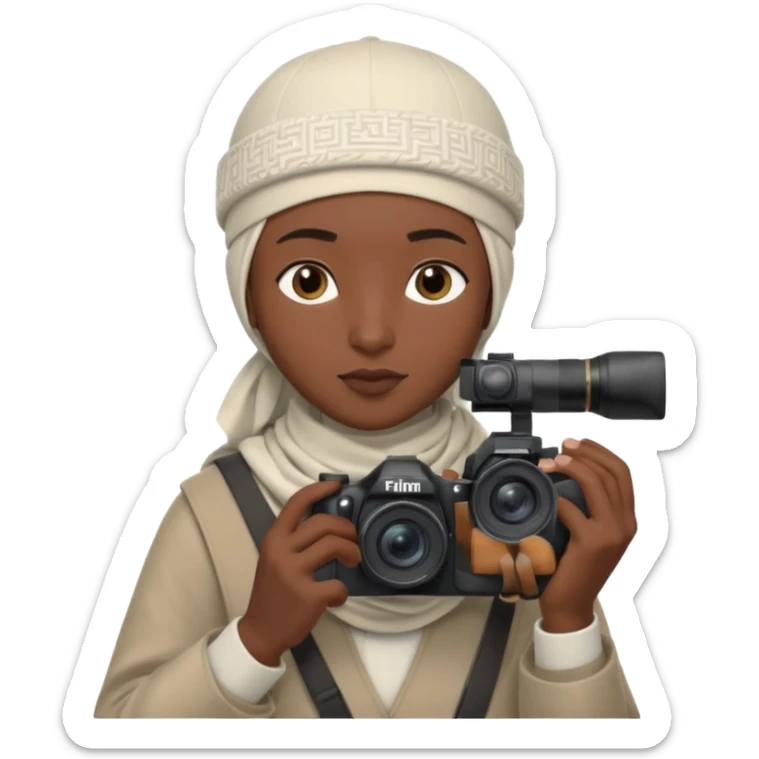 Black Muslim photographer, dark skin tone, dressed in a modest modern outfit, kufi cap, holding a DSLR camera (Canon/Nikon), focused expression, outdoor photoshoot setting, clean depth of field, highly realistic, detailed portrait, 4K. sticker