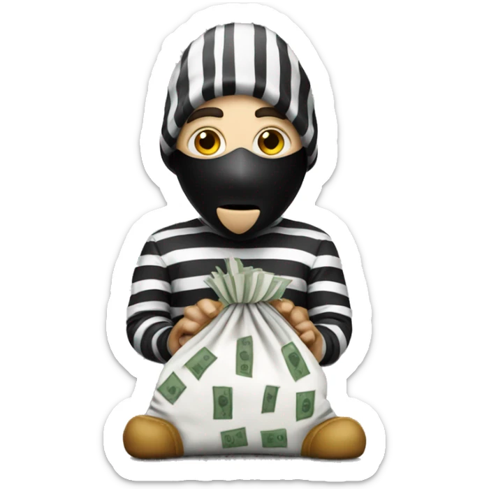 robber with a black and white striped shirt wearing a mask and has a money bag sticker