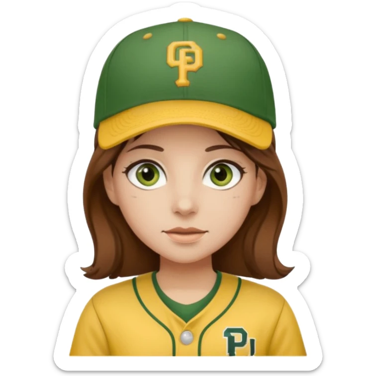 girl with brown hair and green eyes wearing brown and yellow padres gear sticker