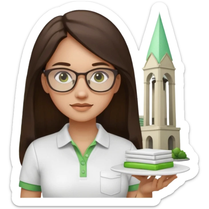 architect woman light skinned dark brown hair in WHITE POLO touch of light green, long hair but then wearing proper architeture attire with plates on the backgrounf sticker