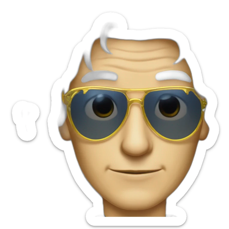 michel polnareff avec des lunettes de soleil blanches, des cheveux longs jaunes et raides, vieux, avec un costume bleu et expression de visage neutre sticker