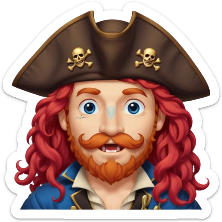 pirate with long curly red hair, blue eyes, strong nose and a chin dimple winking and licking his mouth seductively, no facial hair sticker