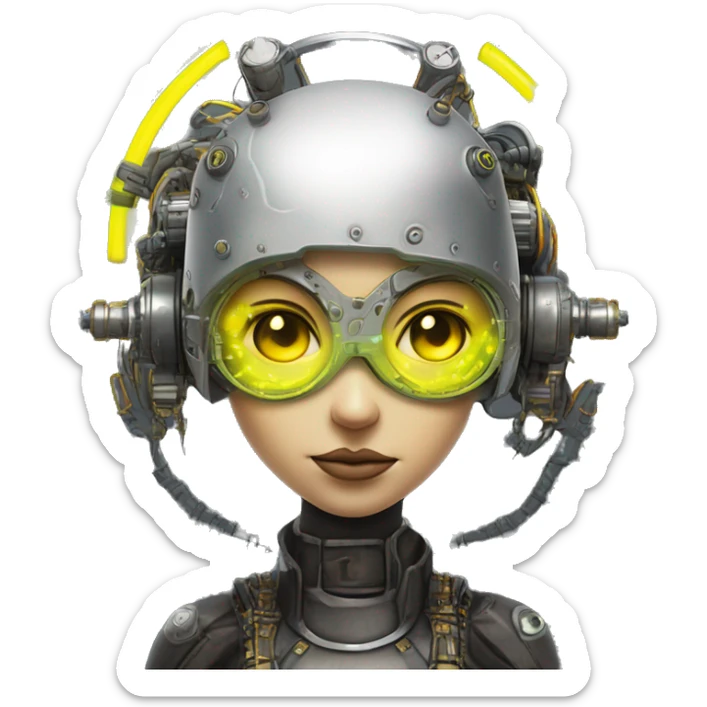 Round faced Caucasian female cyborg head with Neon yellow bobbed hair, silver steampunk goggles and circuits sticker