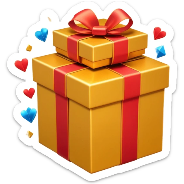 3D emoji style illustration of a big golden gift box with a shiny orange ribbon, a red off-road SUV car jumping out of the box, bright glowing orange background, small playing cards and sparkles flying around, no text, high resolution, square image sticker