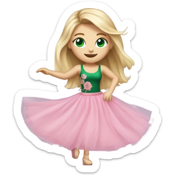 Realistic White girl with Long straight blonde hair, green eyes, tattoos, full body wearing pink tulle dress, dancing sticker