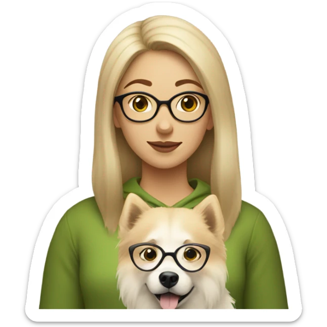 Brown light hair woman aux Green eyes with glasses Green eyes and White beige eurasier dog  sticker