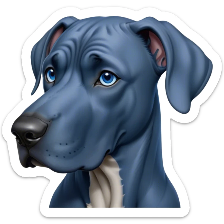 Cinematic Noble Blue Great Dane Portrait Emoji, Poised and regal, with a towering, muscular build and a sleek, well-groomed deep blue Fur, deep-set soulful steel-blue eyes, Simplified yet sharp and sophisticated features, highly detailed, glowing with a cool, dignified glow, high shine, intelligent and commanding, stylized with an air of majesty, focused and attentive, soft glowing outline, capturing the essence of a watchful and authoritative guardian, so majestic it feels as though it could stride out of the screen with effortless authority! sticker