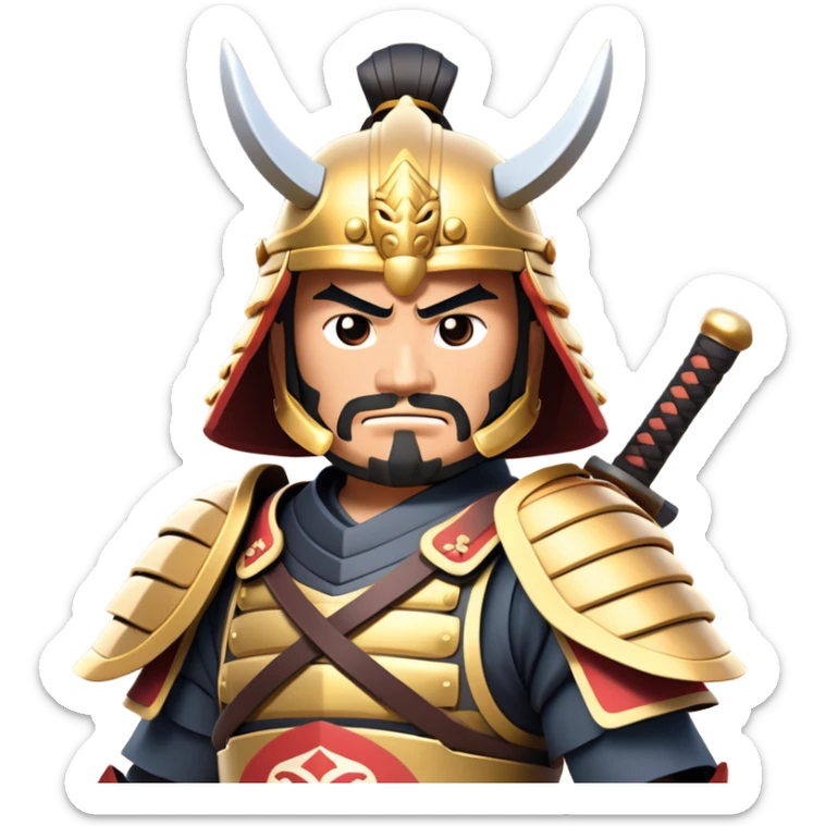 clash-of-clans-aesthetic_-cinematic-fearsome-and-majestic-samurai-bust-portrait-emoji, rendered in a flat, vector-style with minimal shading and bold, simplified shapes typical of emoji art, depicting a battle-hardened samurai with steely eyes and traditional Japanese armor, riding a noble warhorse adorned with an intricately designed saddle and fluttering banners, against a backdrop of cherry blossoms and a rising sun. sticker