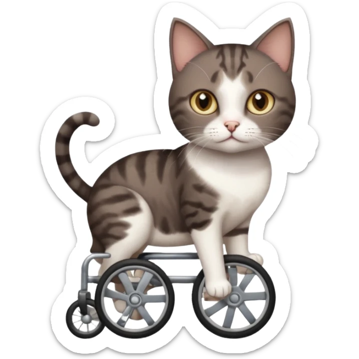 full body small short hair dark brown and white cat with hazel eyes walking in a wheelchair for cats sticker