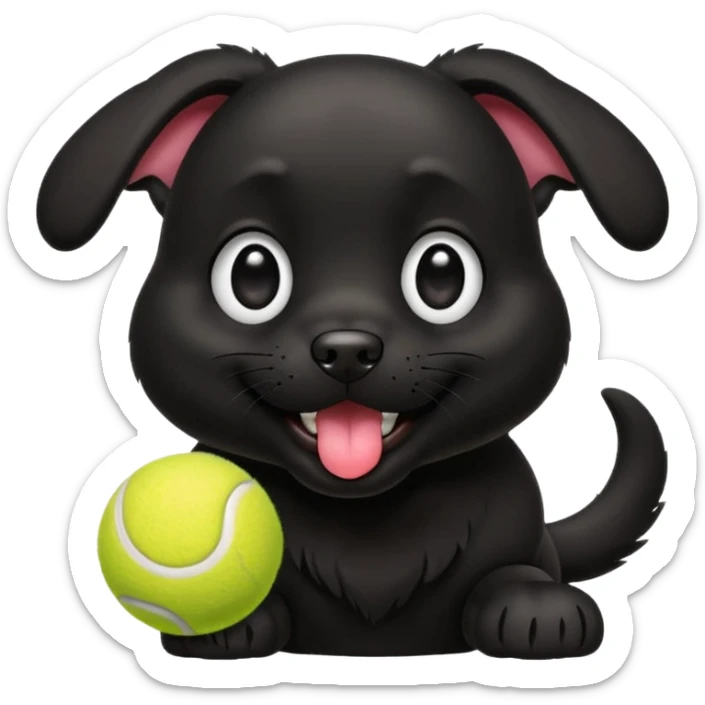 Cute emoji-style illustration of a happy black dog playing with a tennis ball, shiny black fur, joyful expression with tongue out, big expressive eyes, playful pose, vibrant colors, smooth clean lines, high resolution, sticker-style, transparent background sticker
