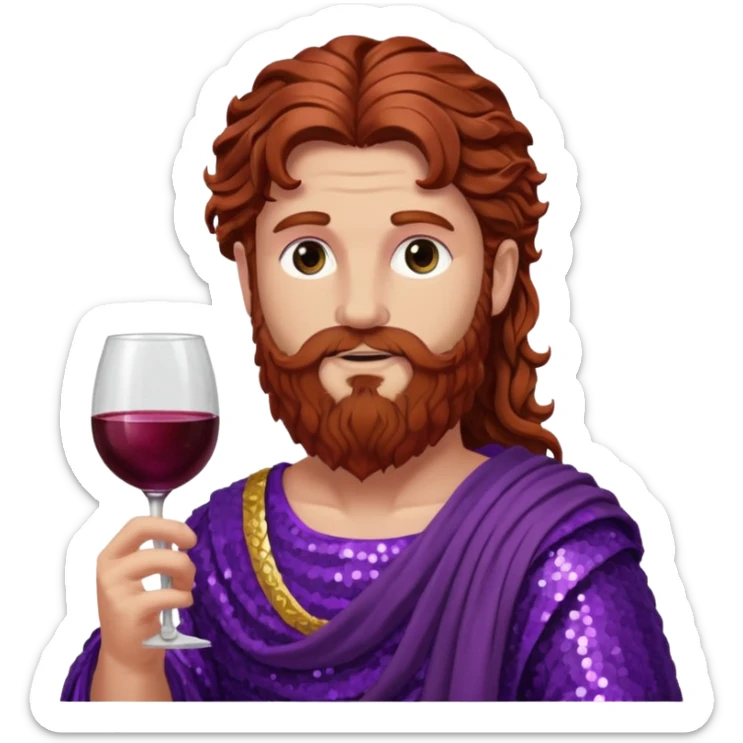 Liber, God of Wine from Roman Deities with long reddish brown wavy hair and beard, purple sequin toga  sticker