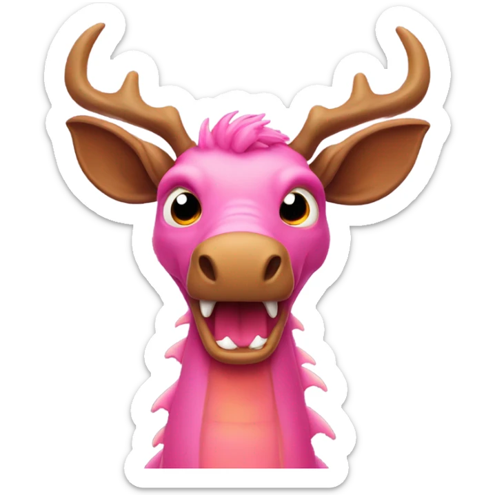 Pink dragon with a brown beard and moose antlers and fire from its mouth sticker