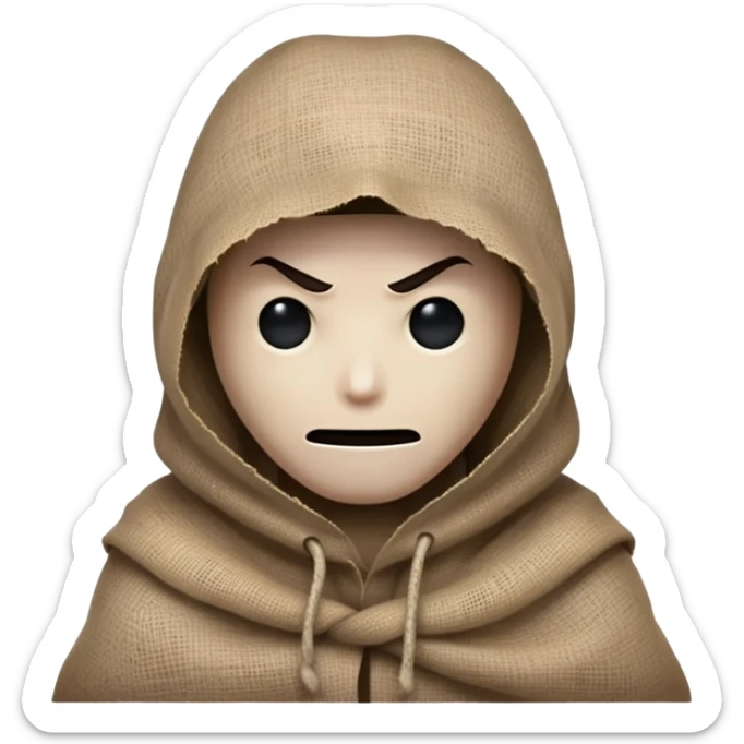 creepy sinister man with burlap sack over head, dark atmosphere, menacing stance sticker