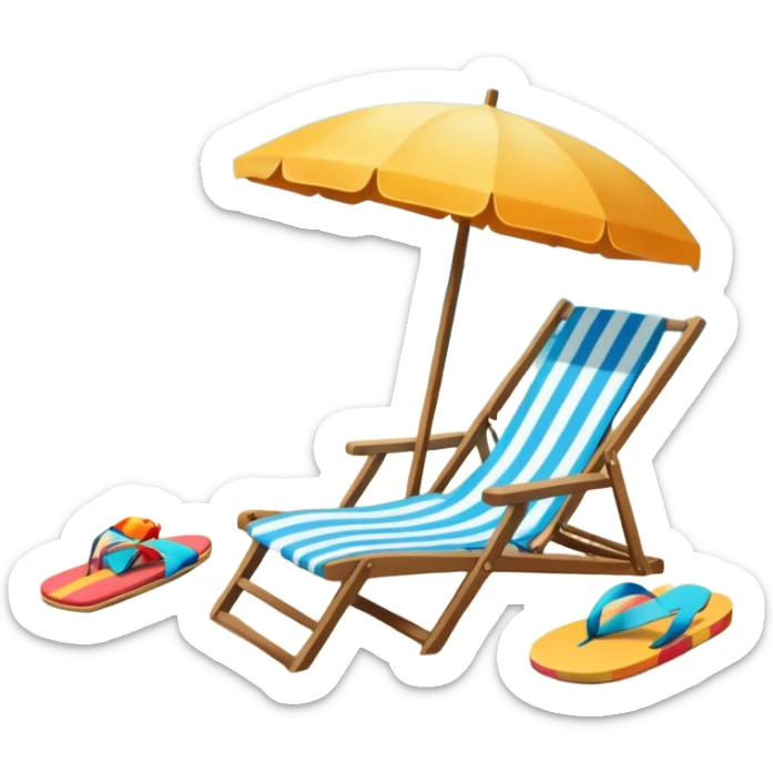 Icon for Beach Tourism: a sunny beach with the sea and waves, a lounge chair, a sun umbrella, and flip-flops on the sandy shore. The background should be a clear, vibrant ocean view with the sun shining brightly. Transparent background. sticker