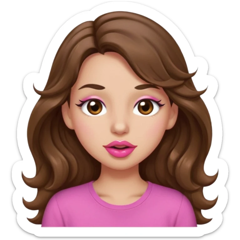 girl with long wavy brown hair, brown eyes, light to medium complexion, in a pink shirt, pink lips, long lashes, puckering lips kissing, winking with one eye sticker