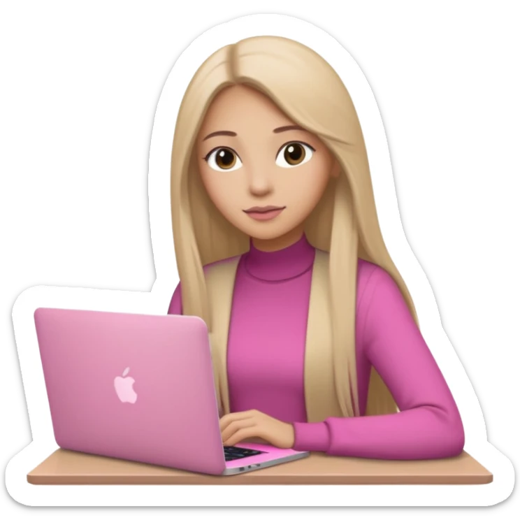 Mujer lacia peli larga y peli larga  en una MacBook rosa investigando y haciendo tareas con un libro de apuntes y con cara muy linda como modelo sticker