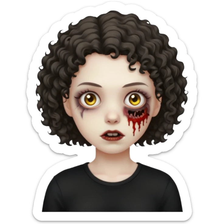 Zombie girl emoji com cabelo curto cacheado com uma blusa preta sticker