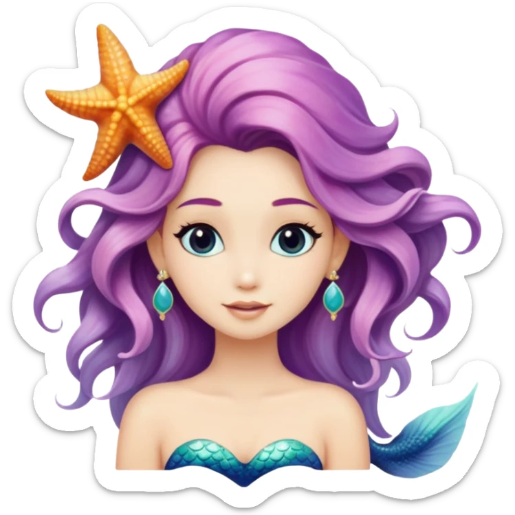 mermaid with seashells in hair, starfish earrings, ocean hair sticker