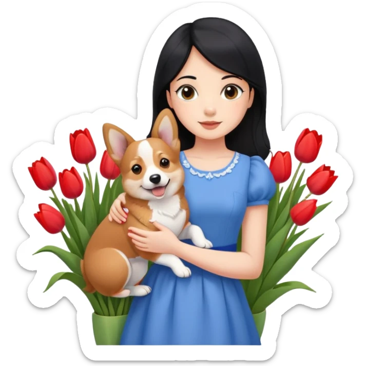 Girl Black hair Brown eyes Blue dress Corgi Pet Tulp Flowers Spring Cute sticker