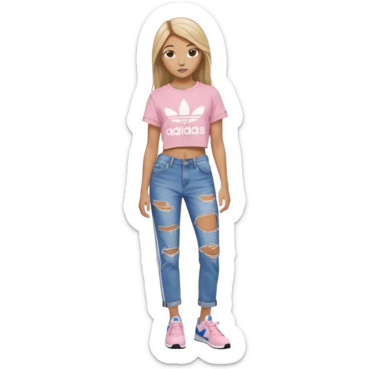 preppy teenage girl, tan, blonde highlights, brown long hair, long eyelashes, beach aesthetic, wearing cute clothes, sexy, wearing ripped blue long baggy jeans with a light pink revealing crop top, wearing Somba Adidas sticker