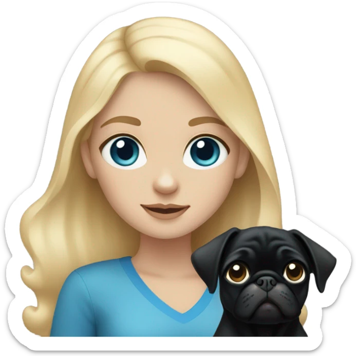 Girl with blonde hair and blue eyes holding a black pug sticker