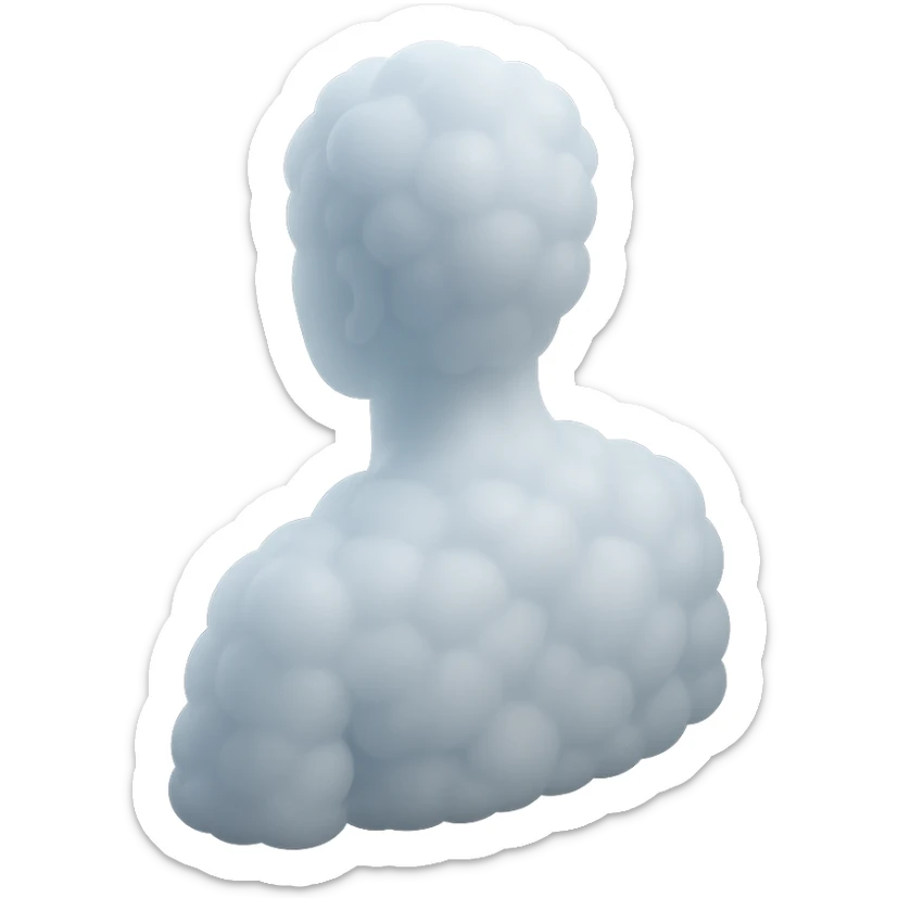 person looking straight, made entirely of white fluffy convex clouds, shoulder up, matte glass style, clouds with slight transparency sticker