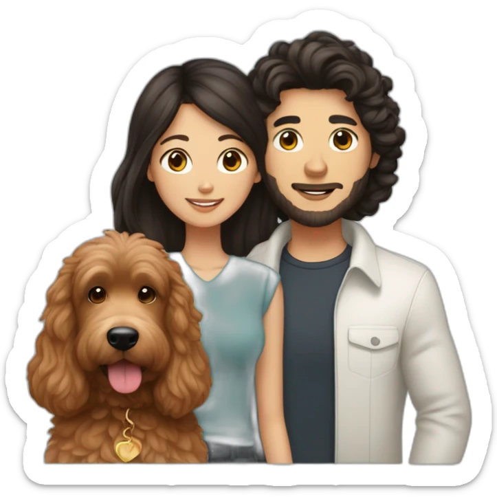 guy with brown hair and asian girl with long black hair holding red goldendoodle sticker