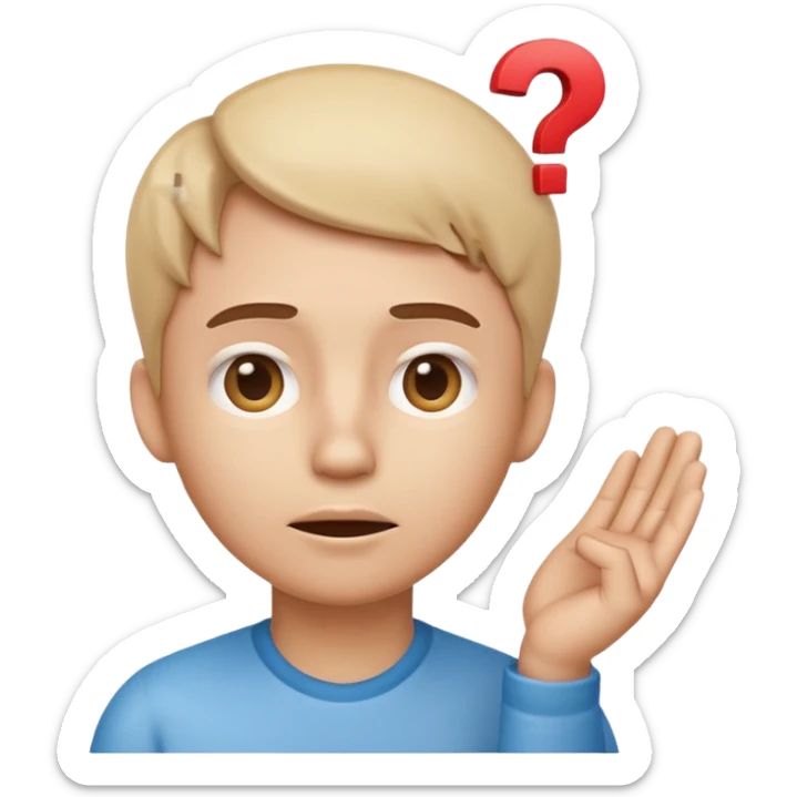 Telegram-style 3D emoji of a confused person, hand on chin, looking up, raised eyebrow, small question marks around head, soft gradient shading, clean rounded design, transparent background. sticker