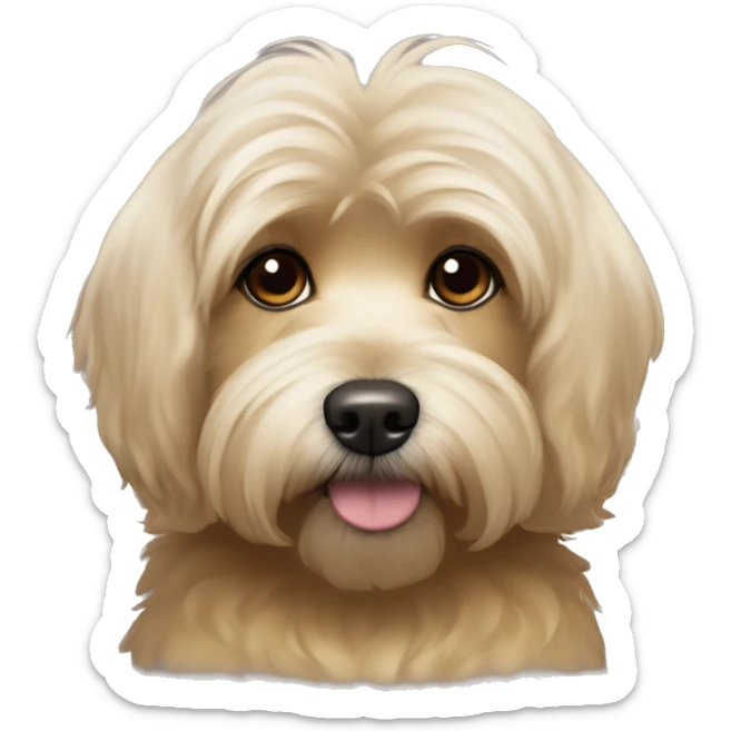 a cute havanese dog with gold light brown hair and sole blond hairs in the top half and the bottom half around where his nose starts black hair for his like “beard” and brown eyes and cute triangle ears that go down that are blond but black on the ends sticker