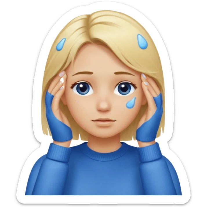 Girl massaging her head with blonde wet hair with anti-dark circles patches in her eyes dressed in a blue sweater sticker