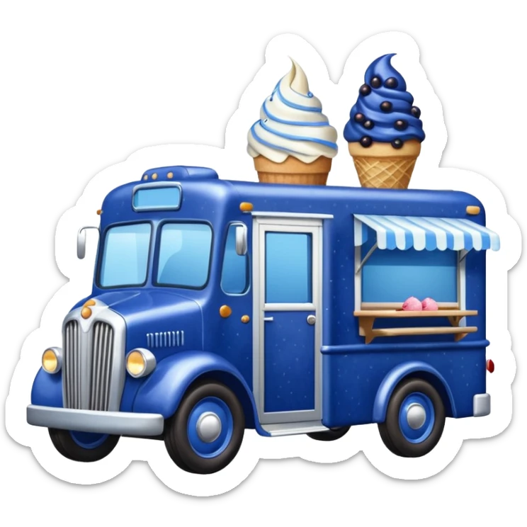 shiny-dark-blue crystal-bodied frozen blueberry muffin, pie, and ice cream, antique long-wheelbase cab over durable-looking food truck  sticker
