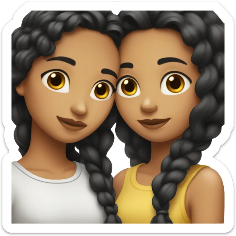 two girl best friends hugging; both black hair long, one curled one straight hair, one paler than the other, both white brown eyes sticker