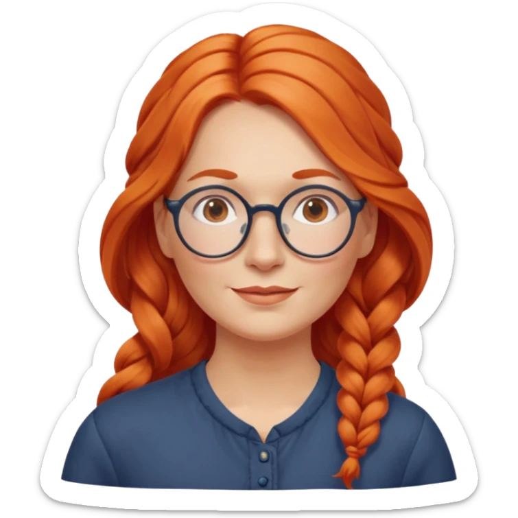 middle-aged woman from Norway, long wavy orange-red hair in one long braid on one side, large round glasses, gentle expression sticker