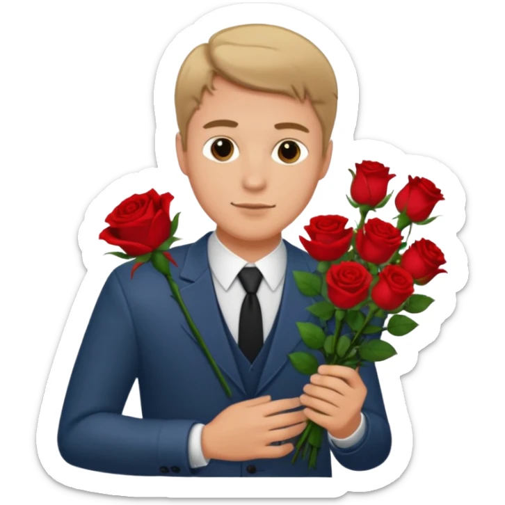 Un homme blanc brun pas en costard qui tien un bouquet de roses dans la main sticker