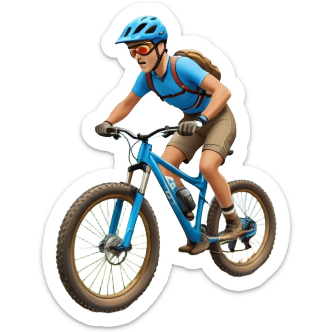 An icon featuring a mountain bike with thick tires on a rugged trail. A cyclist in a helmet rides downhill, kicking up dust. The background showcases a breathtaking mountain landscape with green slopes, rocky peaks, and a bright blue sky. Transparent background emphasizes adventure and speed sticker