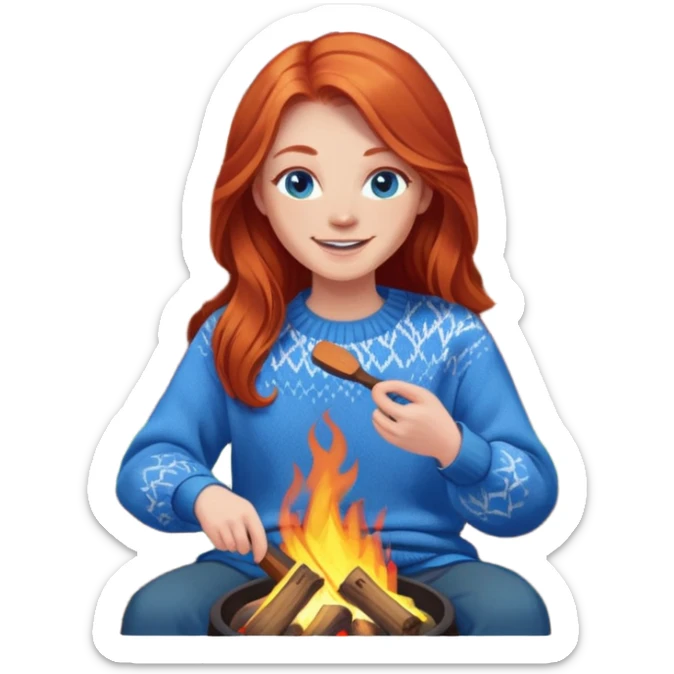Very Happy redhead with long hair and blue eyes in chair beside fire pit in backyard sticker