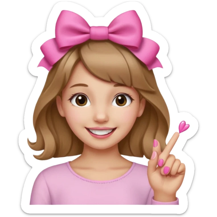 Chica sonriendo con un lazo rosa en la cabeza y mordiendose la punta del dedo indice con delicadeza y la otra mano que no salga sticker