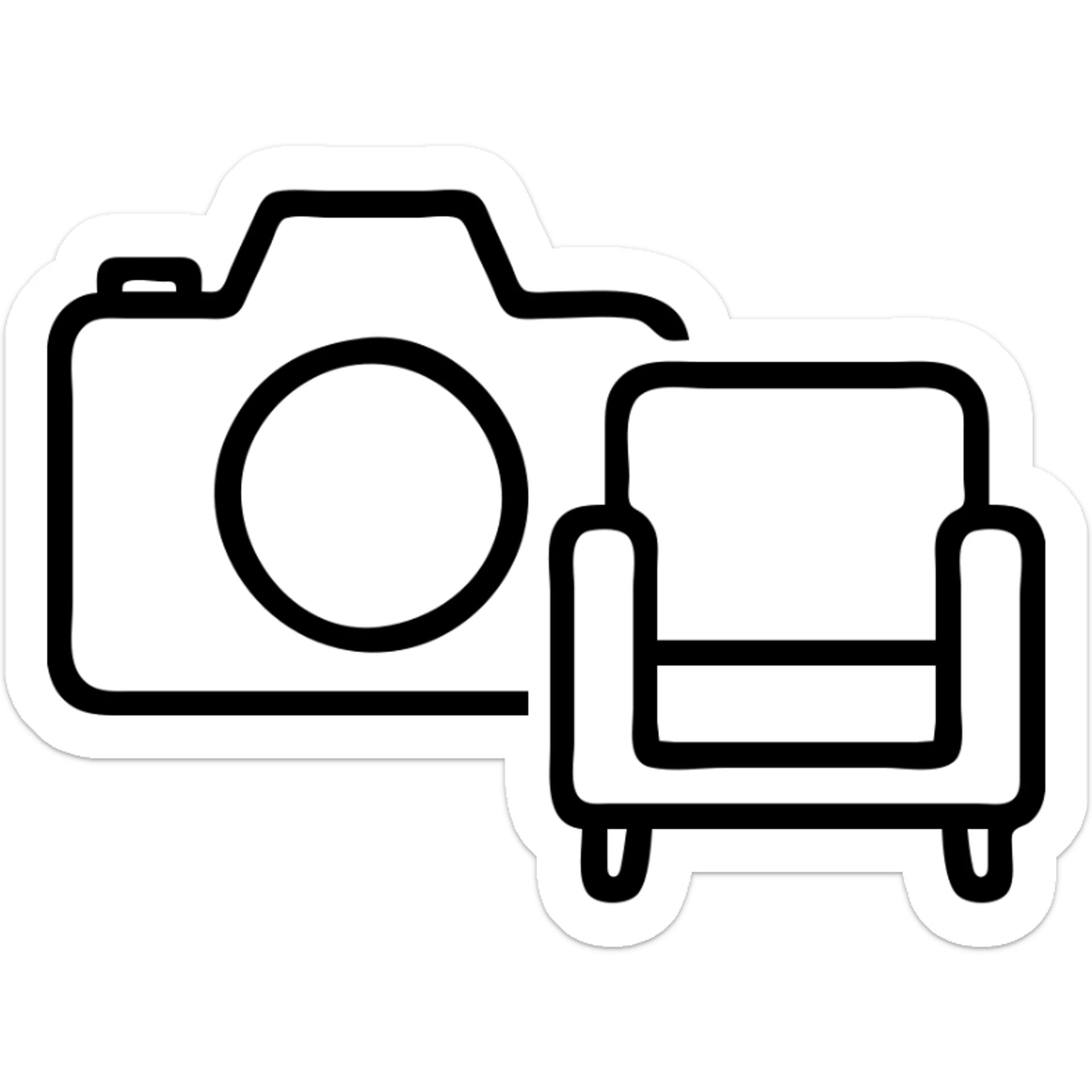 photo camera and furniture, drawn with black lines, minimalist style, no fill sticker