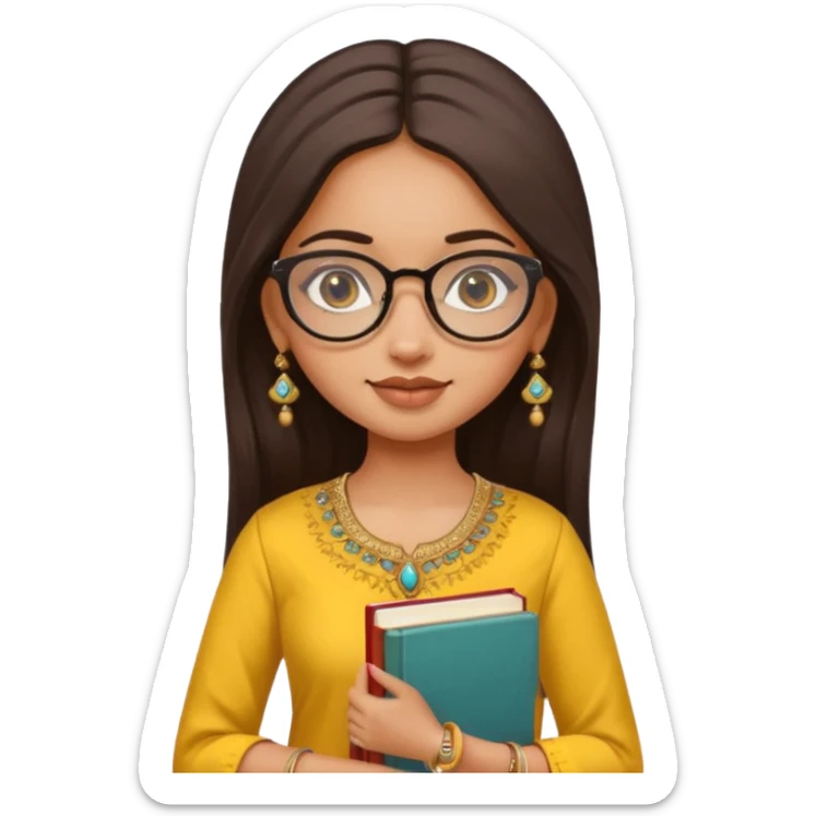 a pretty bratz fair indian girl wearing spectacles, jhumkas, kurti yellow, carrying books sticker