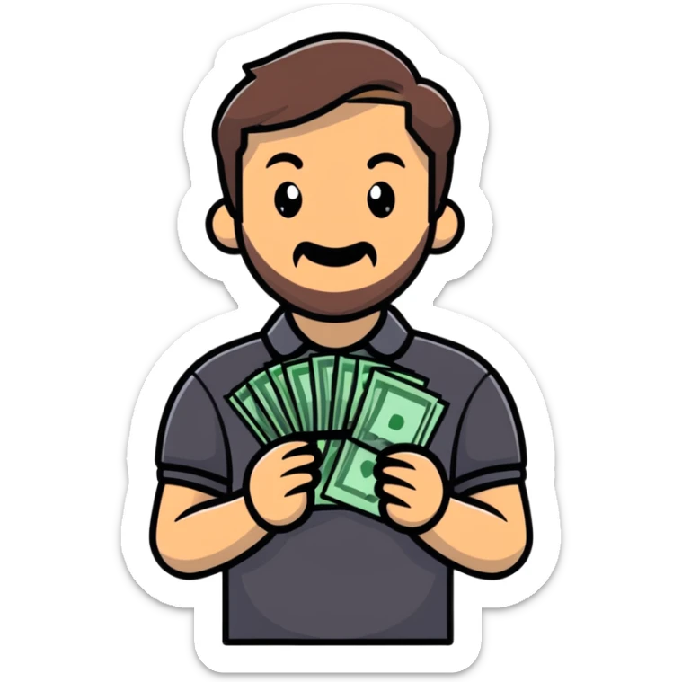 bearded brown-haired man in a polo shirt holding bundles of bills sticker