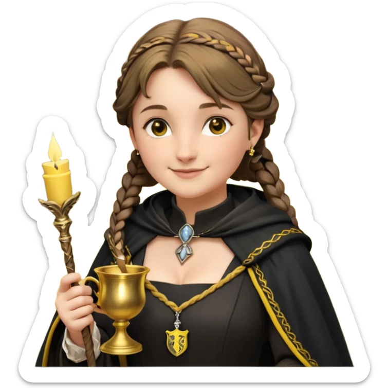 Helga Hufflepuff,the Hogwarts founder of Hufflepuff,brown-haired,2braids,yellow-black medieval dress with black cloak decorated with gold braiding,flickering magic wand and tiny two-handled shiny gold cup engraved with the badger silhouette,very kind smile,curvy busty sweet sticker