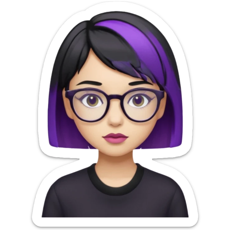 chica bonita con ligero cabello negro con rayas moradas que llega hasta los hombros con lentes cuadrados de estatura pequeña con ropa negra sticker