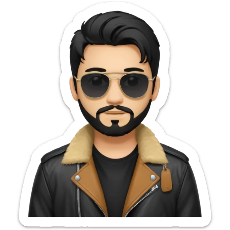 generate an ios genmoji of a 20 year old tan boy with black sunglasses, long black hair till his shoulders. Wearing a leather jacket. Has a dyed blonde beard sticker