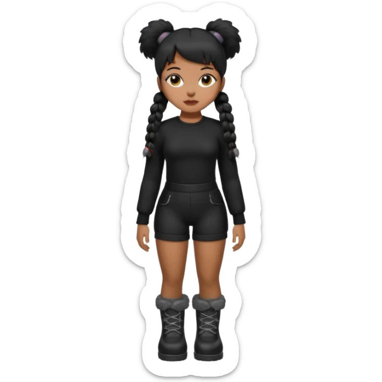 A brown skin thats slim and thick body with black hair into two pigtails and wears all black outfit with gray furry boots  sticker