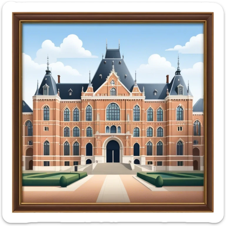 Cinematic Realistic Rijksmuseum Landmark Emoji, depicted with the grand facade of the museum rendered in intricate detail and soft, historical lighting. sticker